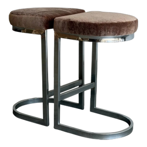 Vintage Cantilevered Bar Stools in Mohair - Pair