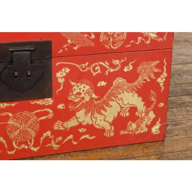 Red Lacquered Chinese Blanket Chest with Gilt Motifs & Guardian Lions For Sale - Image 12 of 12