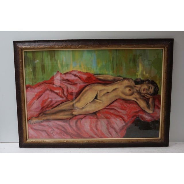 Large 50's-60's vintage pastel painting on paper of a nude woman lying asleep on a red/ pink sheet and a green/yellow...
