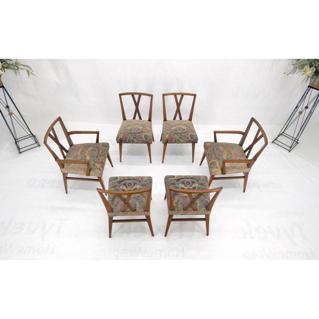 Set of 6 Tommy Parzinger Light Walnut Dining Chairs Lenor Larsen Upholstery MINT For Sale - Image 15 of 15