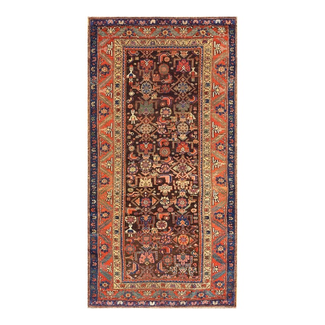 1880s Brown Geometric Antique Persian Tribal Kurdish Rug 4'6" X 8'4" Knotted Wool Carpet For Sale