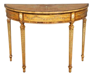 Maitland Smith Attrib. Adams Satinwood Paint Decorated Demilune Console Table