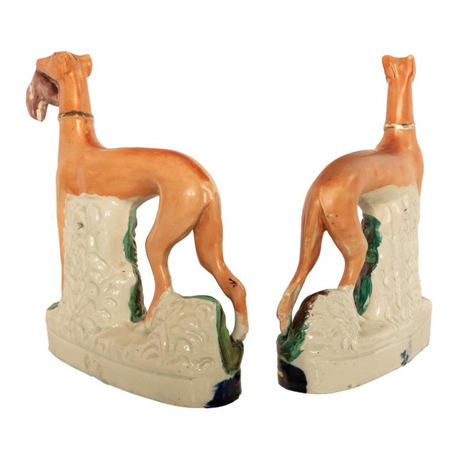 Cinnamon Antique 19thC Pair of Staffordshire Whippets Greyhounds Hunting Dog Figures 1860 For Sale - Image 8 of 17