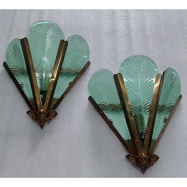 Art Nouveau Pair Vintage Art Deco Nouveau Brass Cut Glass Fixture Slip Shade Wall Sconces Lamp Ship Light For Sale - Image 3 of 4