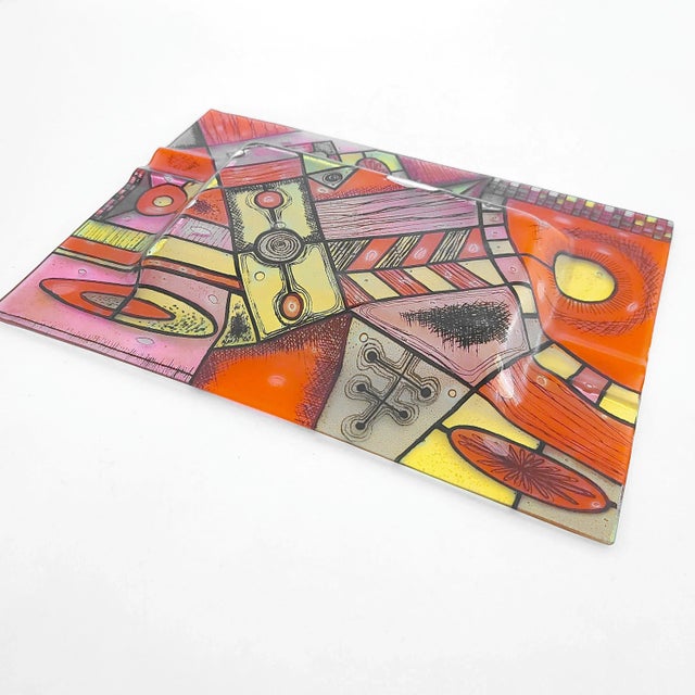 1960's Oversize Higgins Fused Glass Tray in Abstract Sunset Pattern For Sale - Image 10 of 11