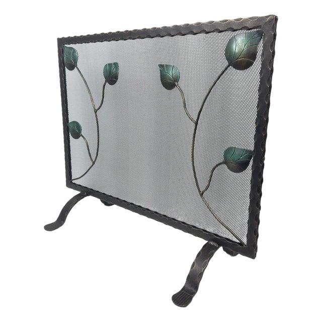 Hand-Forged Wrought Iron Fireplace Screen (Single Panel) Decorative Leaf Design Spark Guard For Sale
