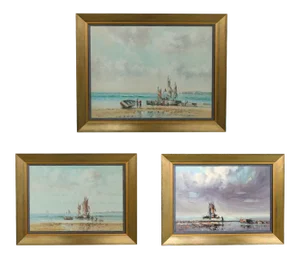 1970s English Beach Scene Oil Paintings by Laszlo Ritter, Framed - Set of 3