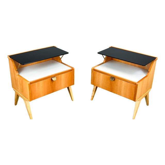 Pearwood Bedside Tables with Black and White Glass Tops from WK Möbel, 1950s, Set of 2 For Sale