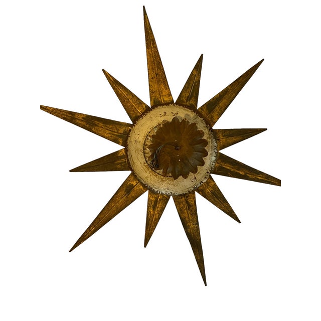 Mid 20th Century Oliver Messel, 1960s Vintage Gilt Metal Flush Mount Sunburst Light With Matching Ceiling Rose For Sale - Image 5 of 8