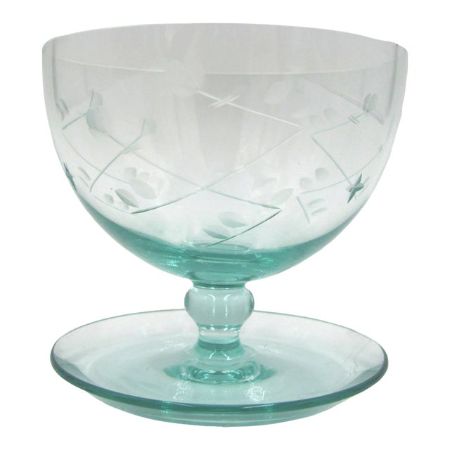 1940s Crystal Turquoise Engraved Grapefruit Dessert Ice Cream Sundae Footed Glass Dish Bowl Stemware - Set of 12 For Sale