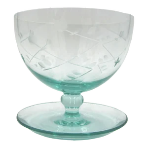 1940s Crystal Turquoise Engraved Grapefruit Dessert Ice Cream Sundae Footed Glass Dish Bowl Stemware - Set of 12