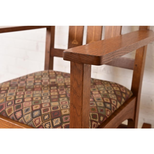 Wood Stickley Harvey Ellis Collection Mission Arts & Crafts Inlaid Oak Rocking Chair For Sale - Image 7 of 13