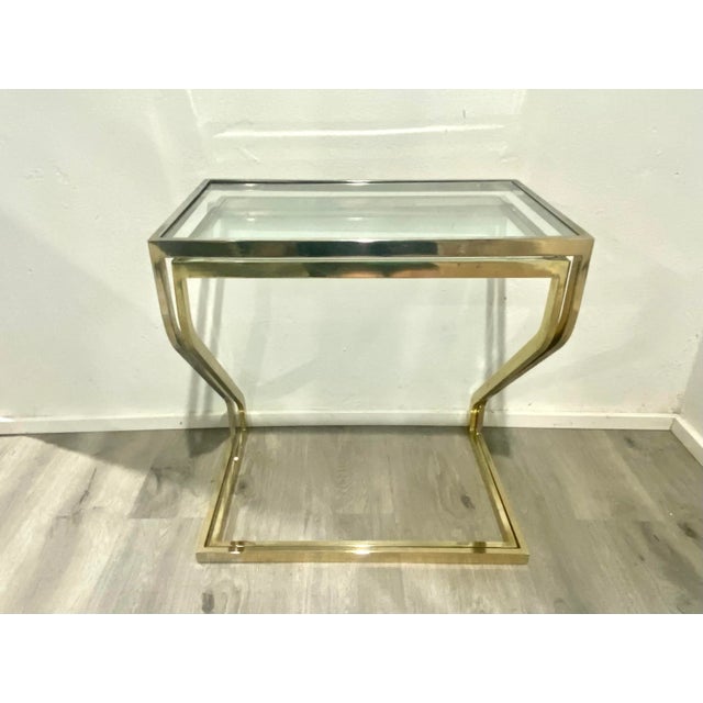 1980s Modern Glass Top Brass Frame Nesting Tables - A Pair For Sale - Image 5 of 12