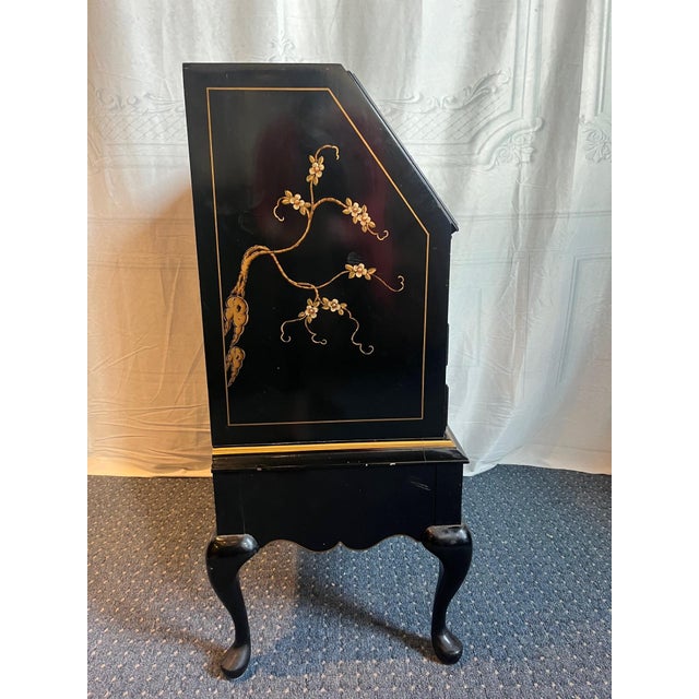1970s 1970's Black Lacquer Hand Painted Asian Chinoiserie Secretary Desk For Sale - Image 5 of 12