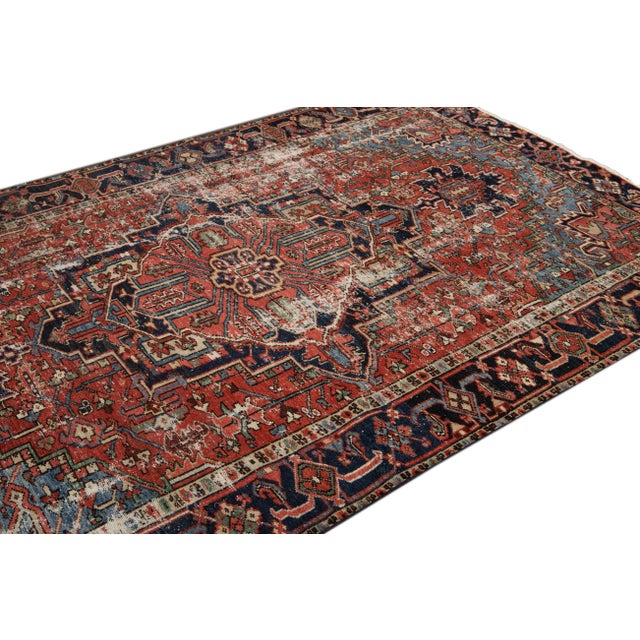 Textile Red Antique Persian Heriz Handmade Wool Rug With Medallion Design For Sale - Image 7 of 9