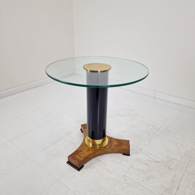 Postmodern Glass, Brass, and Wood Side Table, Germany, 1980s For Sale - Image 11 of 14