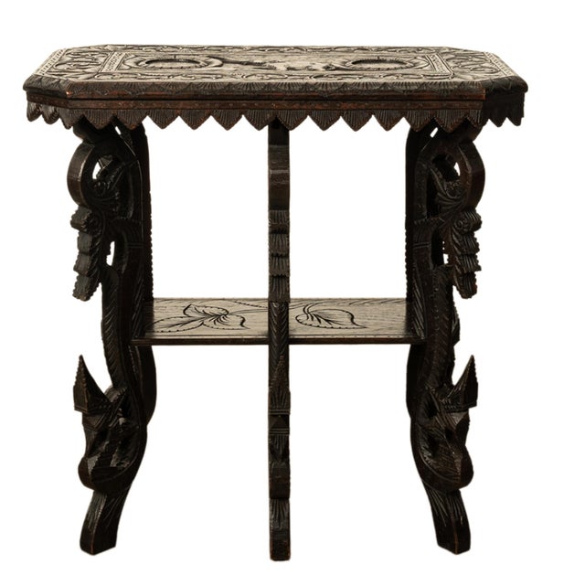 Antique Carved Anglo Indian Teak Wood Elephant Twin Tier Lamp Side Table 1900 For Sale - Image 16 of 17