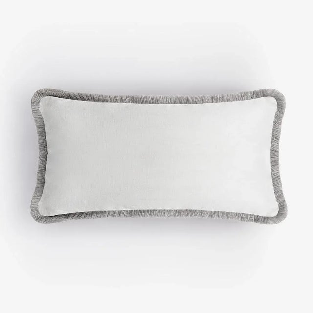 Early 21st Century White with Grey Fringes Happy Linen Pillow by LO DECOR for Lorenza Briola For Sale - Image 5 of 5