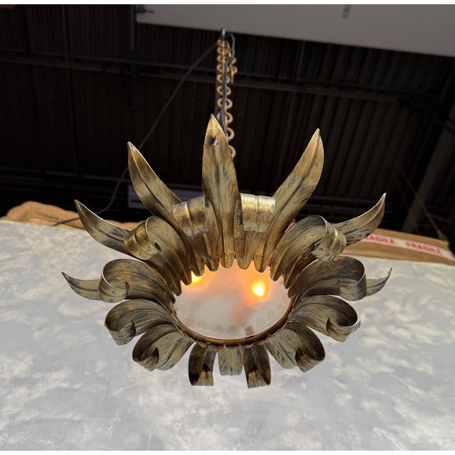 Spanish Spanish Gilt-Metal 1950's Sunburst Ceiling Fixture For Sale - Image 3 of 11
