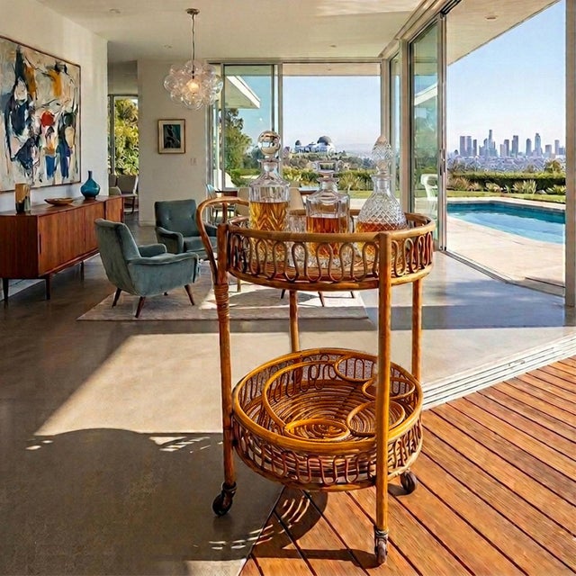 Vintage Bamboo and Rattan Serving Bar Cart by Franco Albini, 1960s For Sale - Image 10 of 10