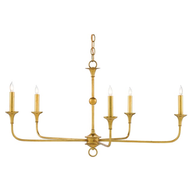 Design notes on the Nottaway Gold Small Chandelier include long arms that stretch gracefully from a small cog and a ring...