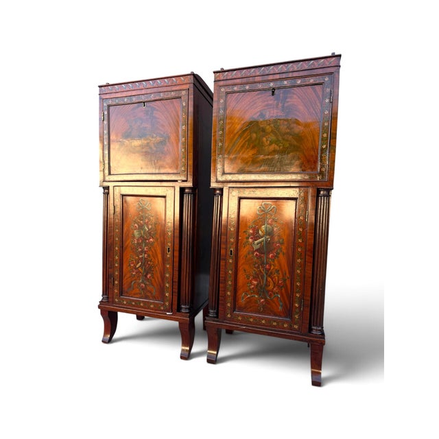 Pair of English Adam Revival Hand-Painted Satinwood Pedestal Cabinets For Sale - Image 10 of 11