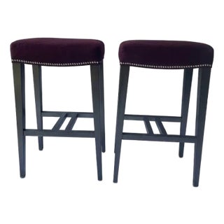 Ethan Allen Backless Bar Stools in Plum Velvet With Nailhead Trim - A Pair For Sale