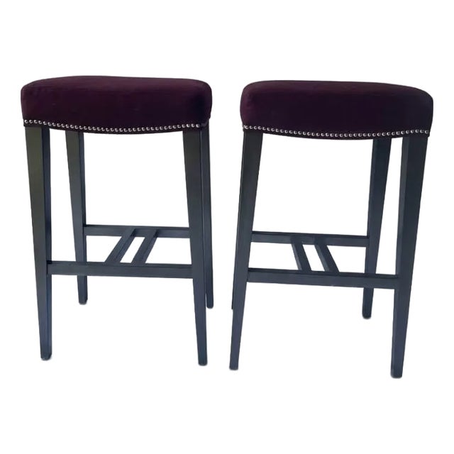 Ethan Allen Backless Bar Stools in Plum Velvet With Nailhead Trim - A Pair For Sale
