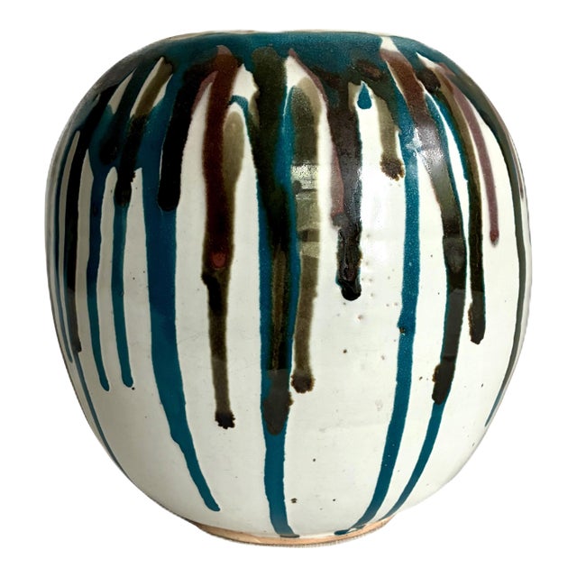 Signed 1960s Mid Century Blue and White Ceramic Vase / Modernist Art Studio Pottery Drip Glaze For Sale