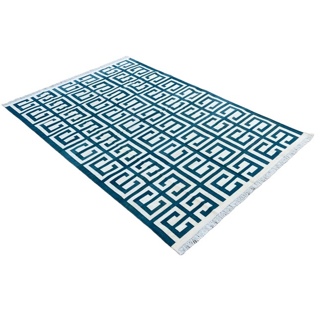 Mid-Century Modern Not Yet Made - Made To Order Handmade Cotton Natural Vegetable Dyed Teal Blue and White Geometric Pattern Rug - 6'x9' For Sale - Image 3 of 11