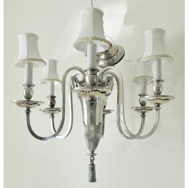 Remains Lighting Remains Antique Lighting C1930s Silverplate 6 Arm Chandelier For Sale - Image 4 of 12