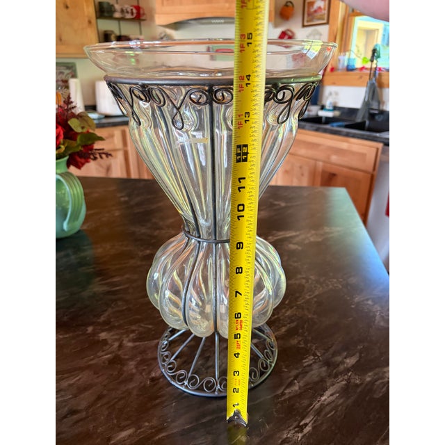 1960s Vintage Crate & Barrel “Petra” Blown Glass Large Bubble Vase in Wrought Metal Frame For Sale - Image 5 of 7