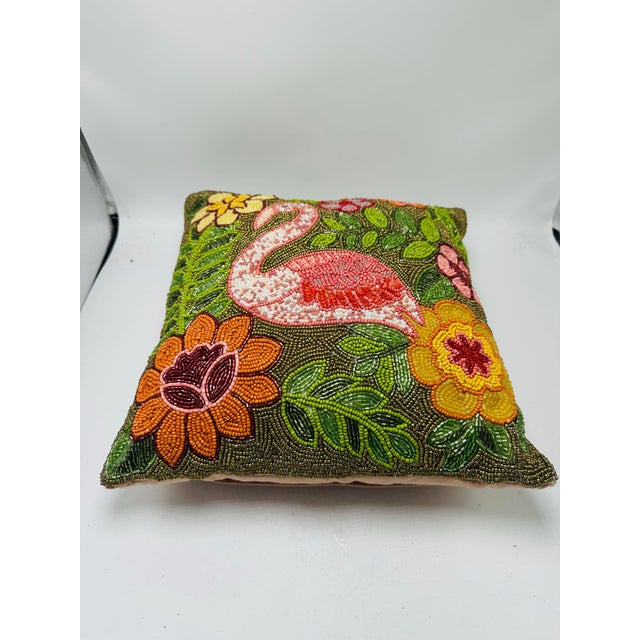 Coastal Vintage Beaded Flamingo Pillow For Sale - Image 3 of 5