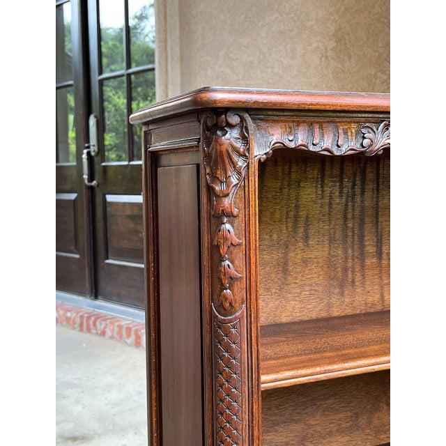 Antique French Corner Bookcase Carved Oak Louis XV Revival Open Shelves C1920 B For Sale - Image 18 of 18