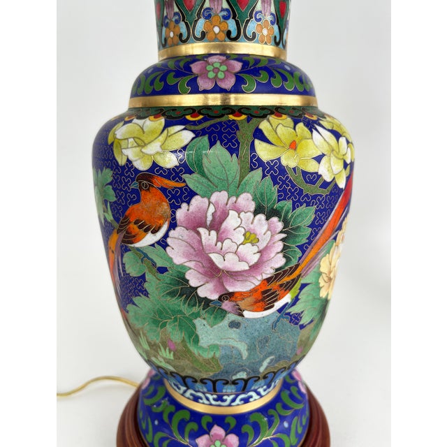 Metal Late 20th Century Chinese Cloisonné Table Lamps Birds Flowers, New String Shades, Pair For Sale - Image 7 of 15