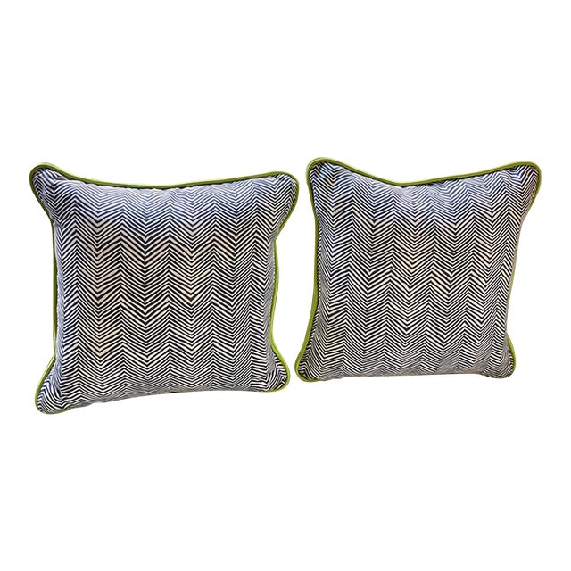 Quadrille Zig Zag Down Pillows With Leather Trim For Sale