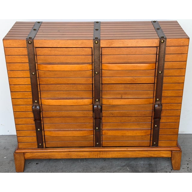Wood French Moderne Style Leather-Strapped Six-Drawer Chest Manner of Jacques Adnet For Sale - Image 7 of 14