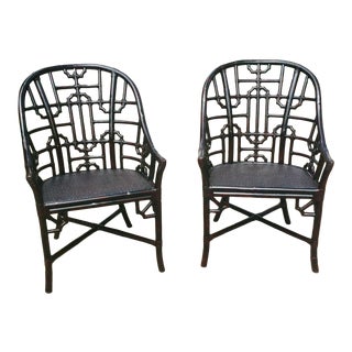 Fretwork Chinoiserie Rattan Arm Chairs- a Pair For Sale