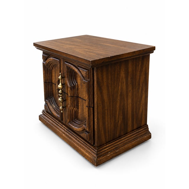 1970s Spanish Mediterranean Revival Carved Pecan Two-Drawer Nightstand For Sale - Image 4 of 6