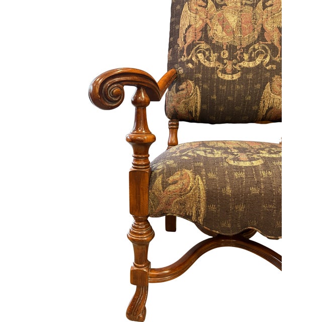 Traditional Pair of Late 20th Century Upholstered Armchairs With Heraldic Fabric For Sale - Image 3 of 11