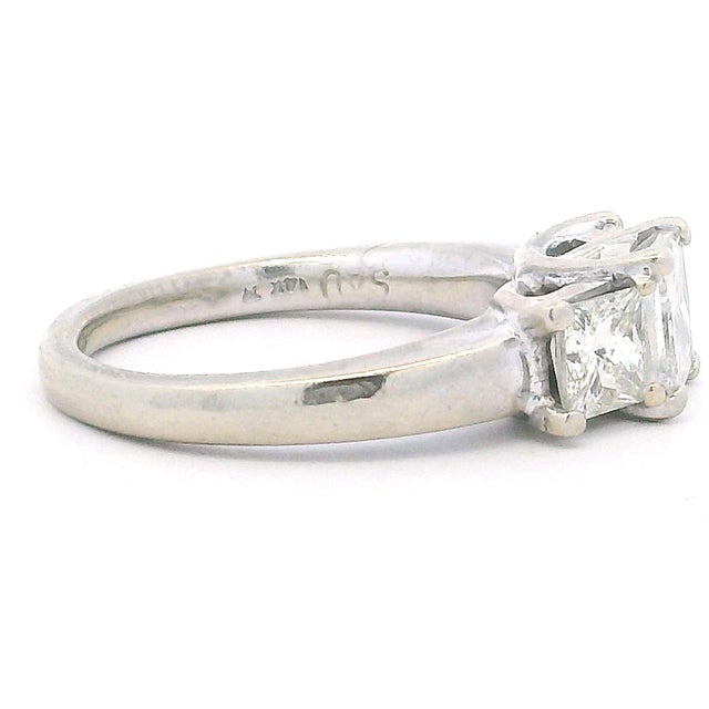 Vintage 14k White Gold 1.75 Ct Princess Cut Diamond Three-Stone Ring, Size 4.75 For Sale In Miami - Image 6 of 12