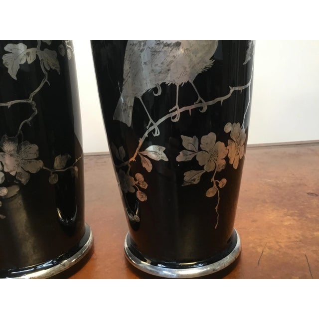 1920s Black Glass Silver Overlay Japanese Style Vases-a Pair For Sale In Providence - Image 6 of 12