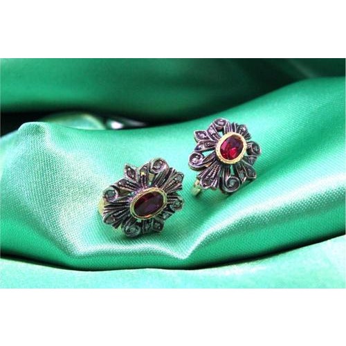 Gold and Silver Earrings with Diamond Chips and Synthetic Rubies, Set of 2 For Sale - Image 5 of 7