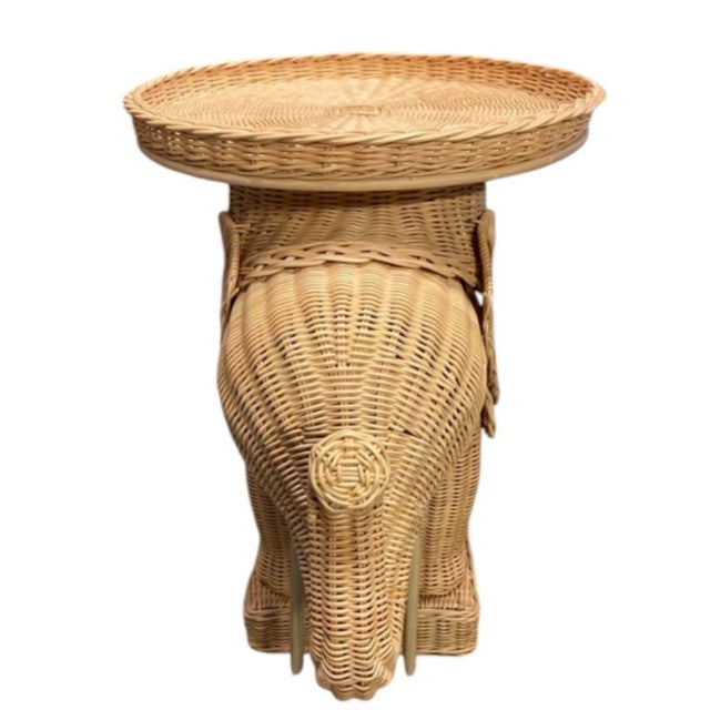 Vintage Natural Wicker and Rattan Elephant Accent Side Table With Tray Top For Sale - Image 4 of 12