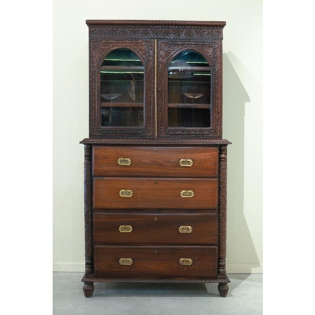 Wood Antique Anglo-Indian Carved Desk Bookcase, India, 19th Century For Sale - Image 7 of 18
