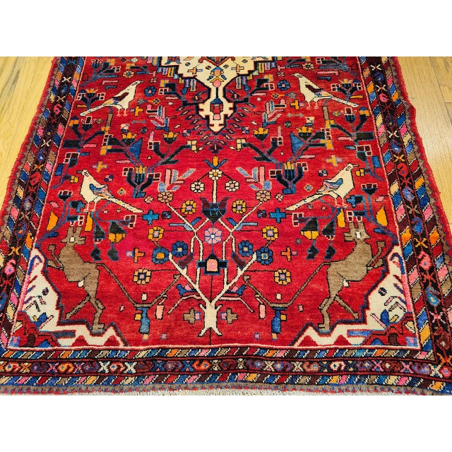 Vintage Persian Hamadan Gallery Area Rug, Hand-Knotted Wool, Tribal Bird Pattern, 6x10, Red & Navy For Sale - Image 18 of 18