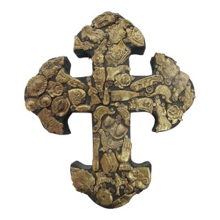 Milagros Dense Brass Charms Mexican Folk Art Carved Wood Wall Cross Amulet For Sale
