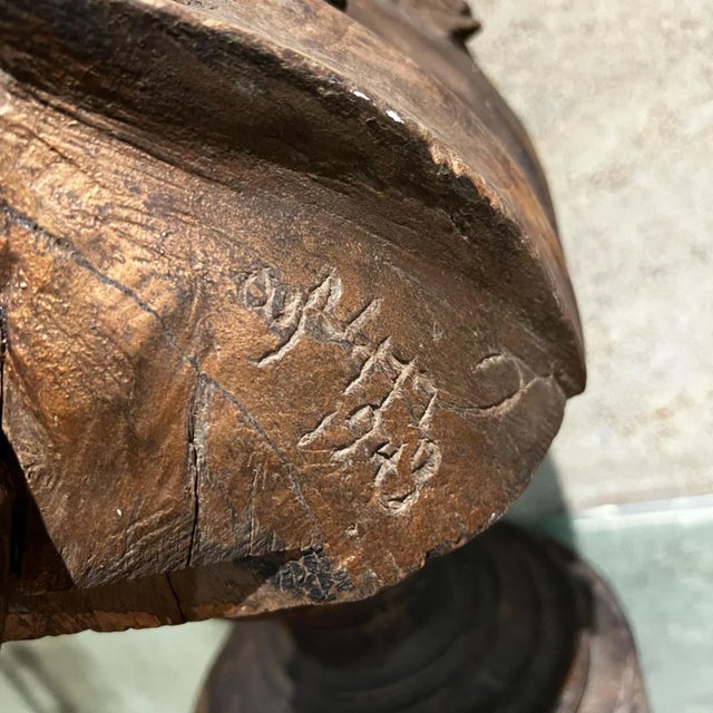 1943 Hand Carved Wood Bust Refined Bespectacled Gentleman Patinated Gold For Sale - Image 10 of 13