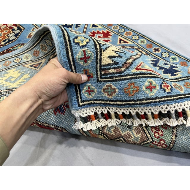 Blue and Burgundy Bokhara Wool Runner Rug With Tribal Gul Motifs, 2'11" X 9'7" For Sale - Image 12 of 17