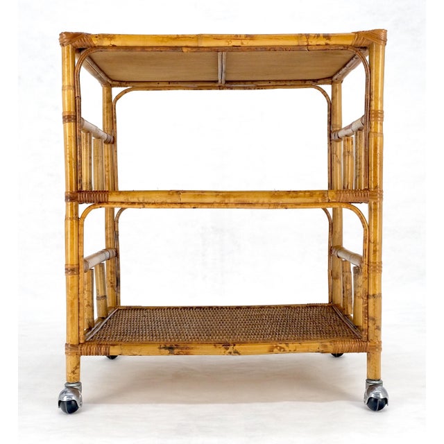 Mid Century Modern c1970s Bamboo 3 tier Side End Table Stand on Wheels MINT!
